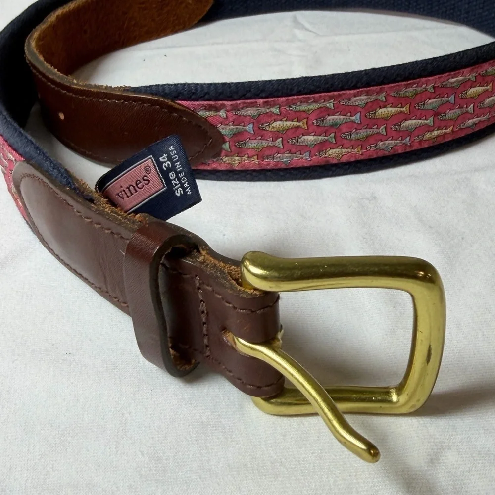 Vineyard Vines Size 34 Leather Canvas Brown and Pink All Over Fish Pattern Belt